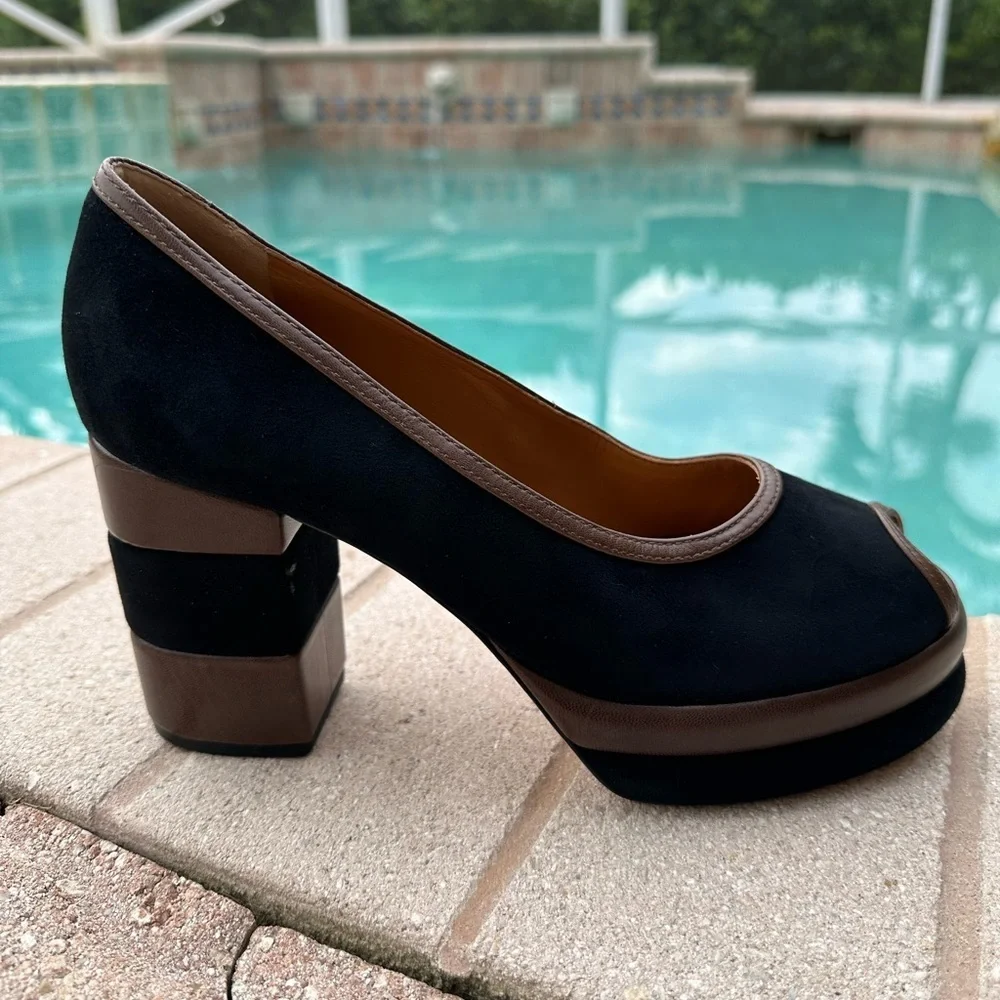 Tory Burch 70s Peep-Toe Leather & Suede Platform Pumps Women’s Size 8.5